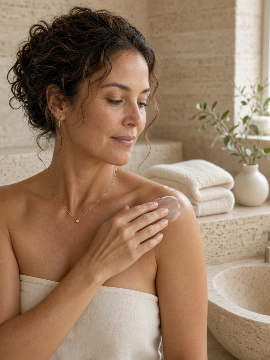 Woman applying body moisturiser